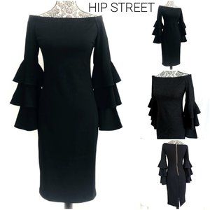 PREMIER AMOUR Triple Ruffle Long Sleeve Shoulder Edge Stretch Sheath Dress 6